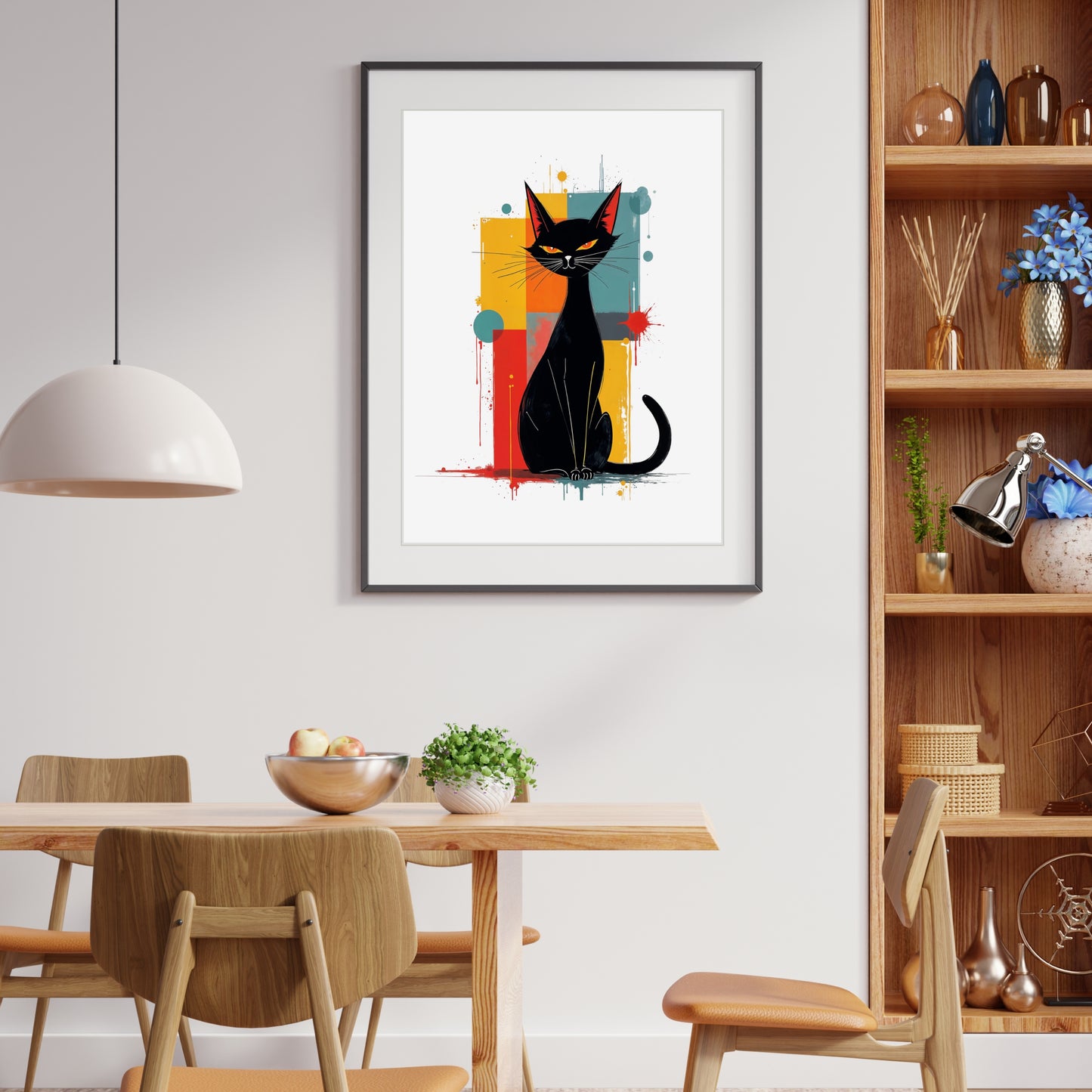 Modern Dining room in neutral colours with a colourful framed picture of an Atomic black cat against a geometric background on the wall.