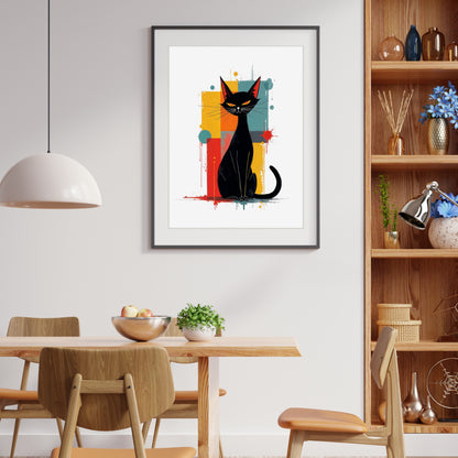 Modern Dining room in neutral colours with a colourful framed picture of an Atomic black cat against a geometric background on the wall.
