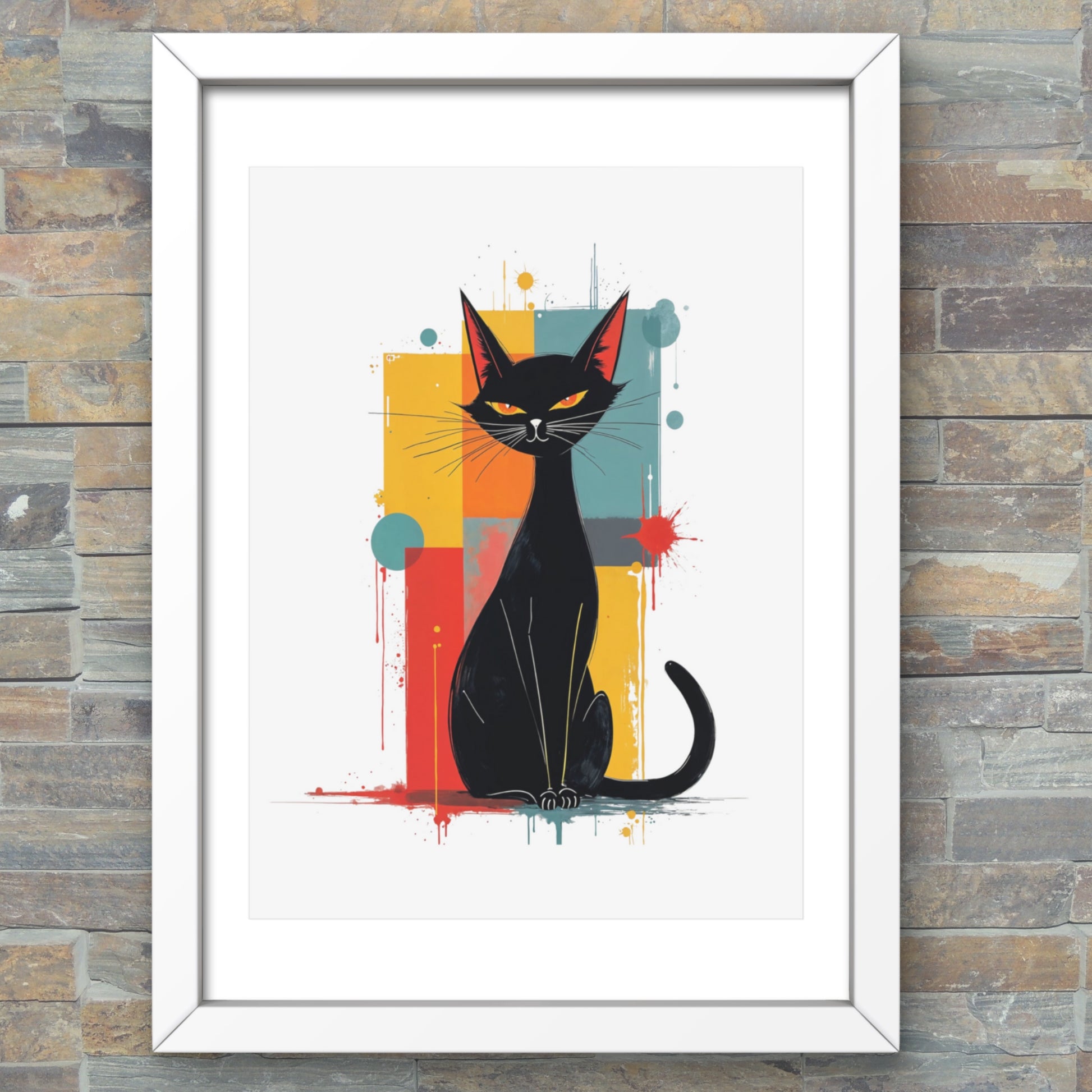 Wood Framed artwork of a black cat with colourful abstract background Retro Mid-century modern Aesthetic