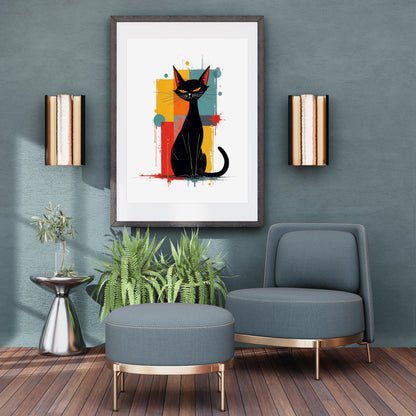 Modern living room with a grey blue armchair, ottoman, and decorative wall art of a Atomic black cat against a geometric background.