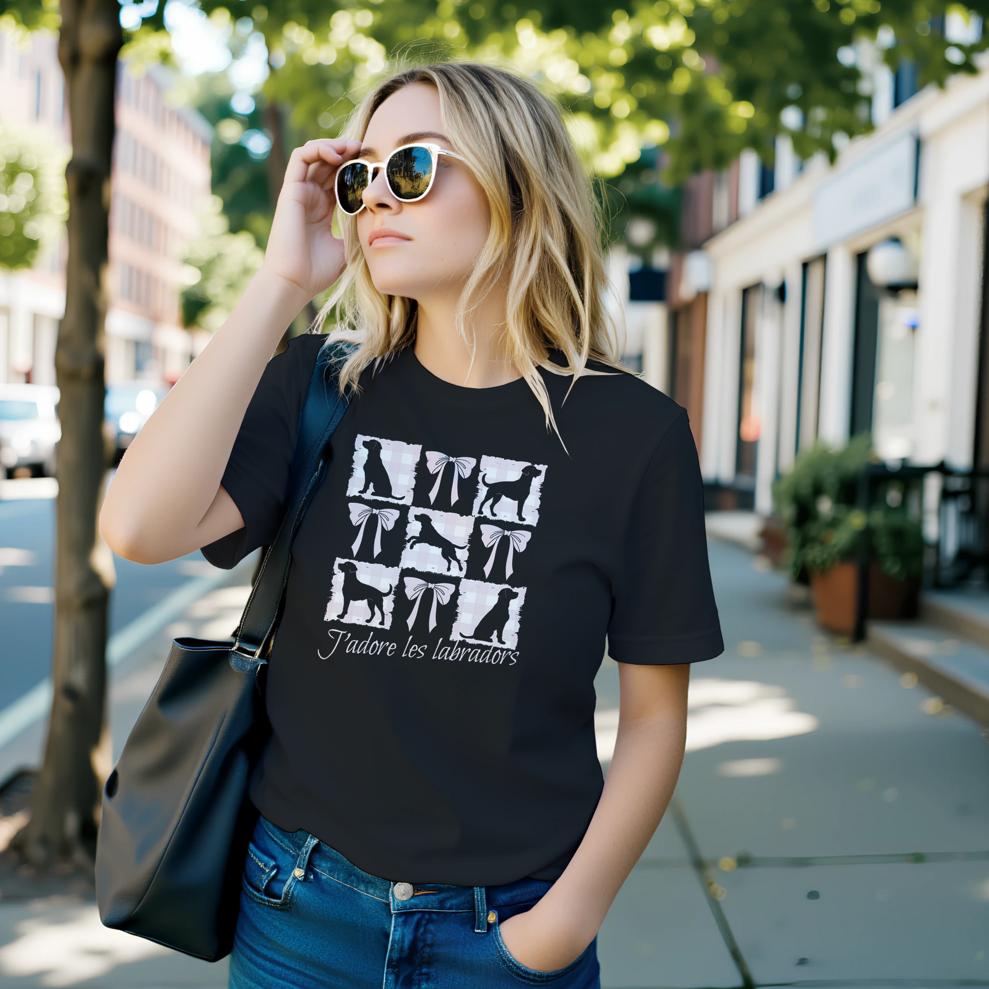 Woman wearing a Bella Canvas 3001 black t-shirt with a Coquette Pink Bows & Checks Labrador Mum design on while shopping.