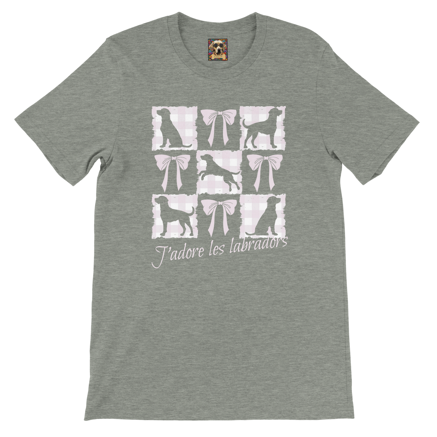 Vintage-Inspired Coquette Tee – Labradors, Bows & Cherry Cream Gingham Athletic Heather
