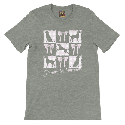 Vintage-Inspired Coquette Tee – Labradors, Bows & Cherry Cream Gingham Athletic Heather