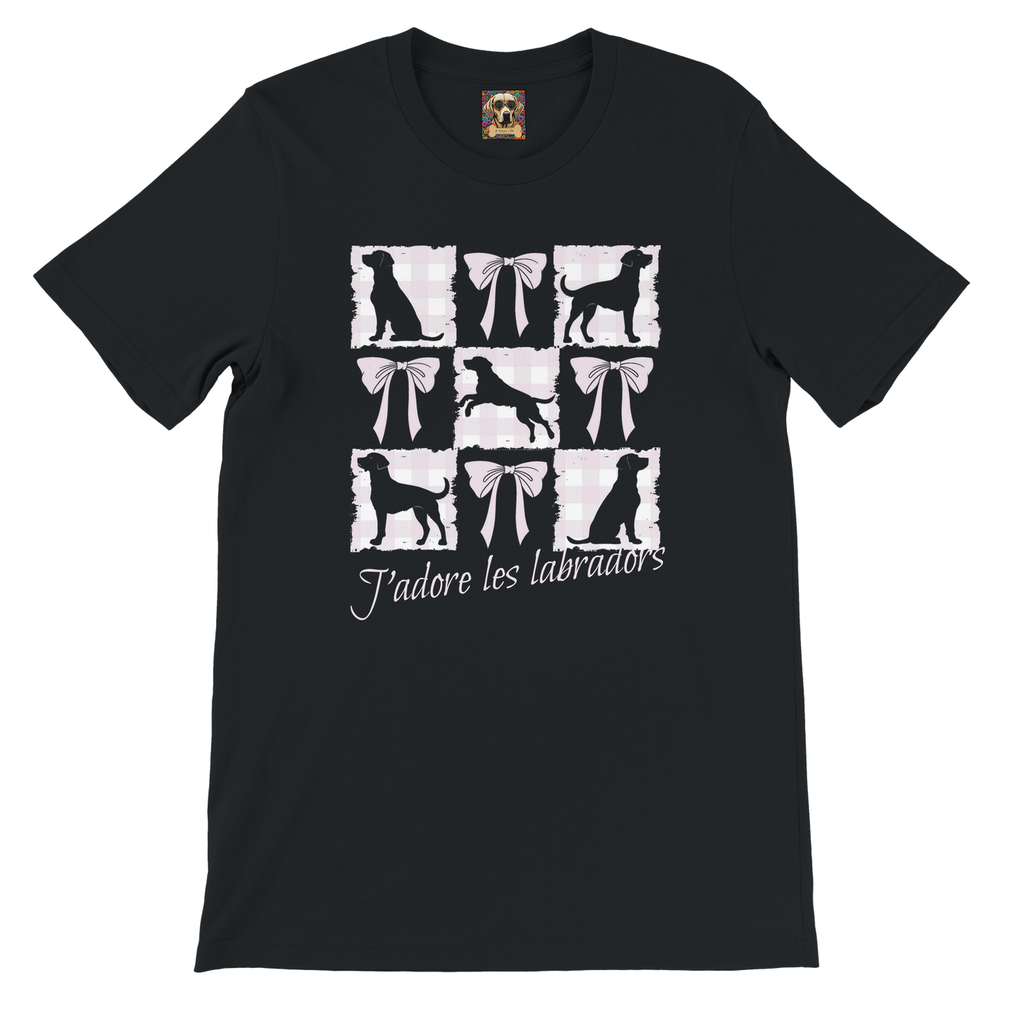 Vintage-Inspired Coquette Tee – Labradors, Bows & Cherry Cream Gingham Black