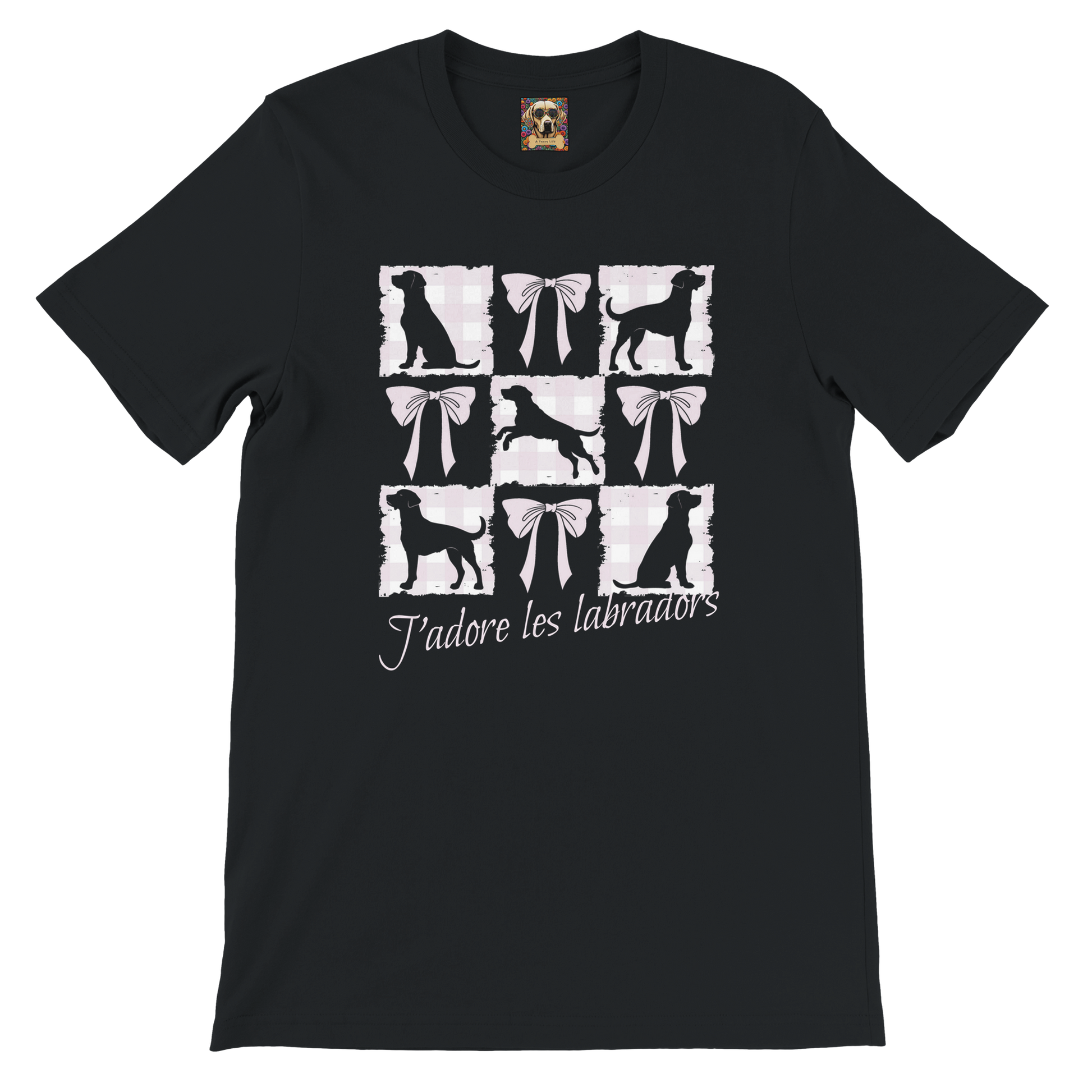 Vintage-Inspired Coquette Tee – Labradors, Bows & Cherry Cream Gingham Black