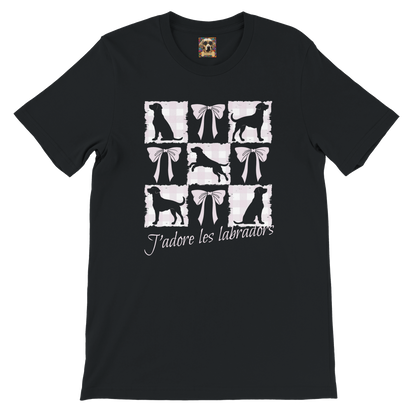 Vintage-Inspired Coquette Tee – Labradors, Bows & Cherry Cream Gingham Black