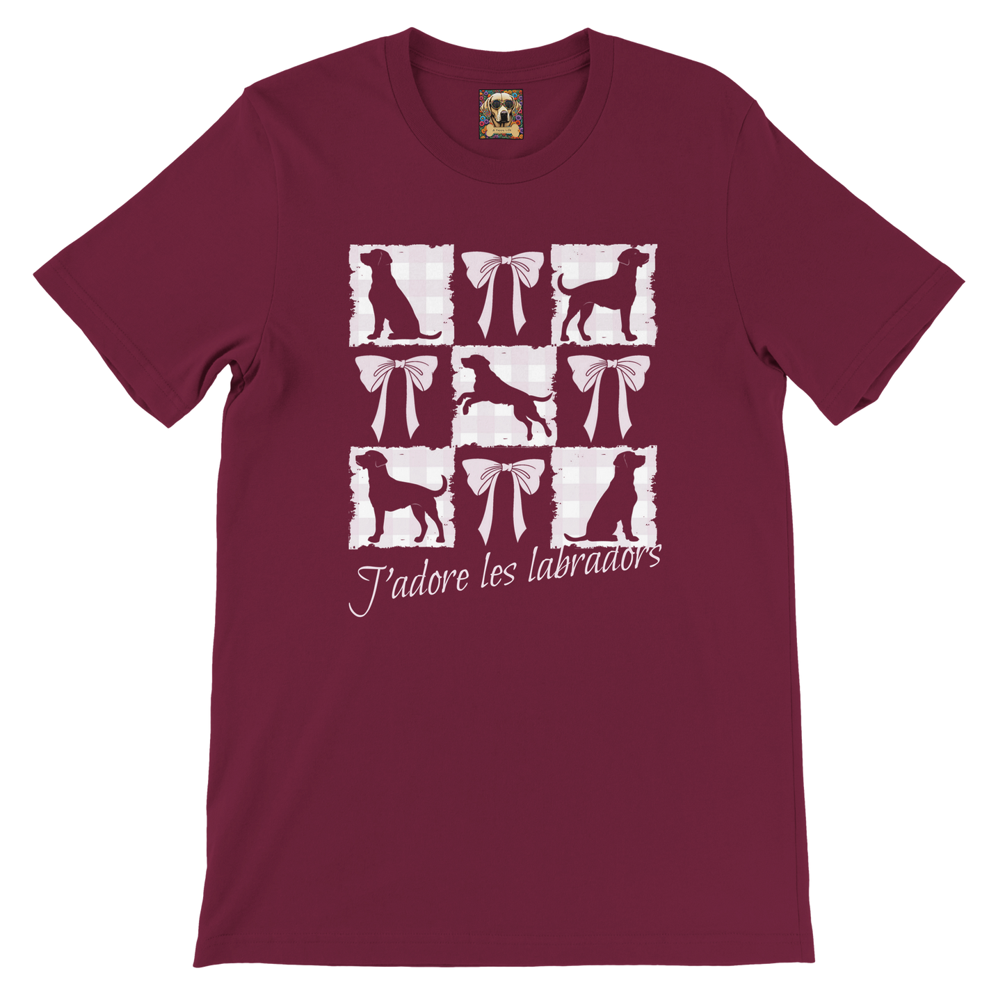 Vintage-Inspired Coquette Tee – Labradors, Bows & Cherry Cream Gingham Maroon