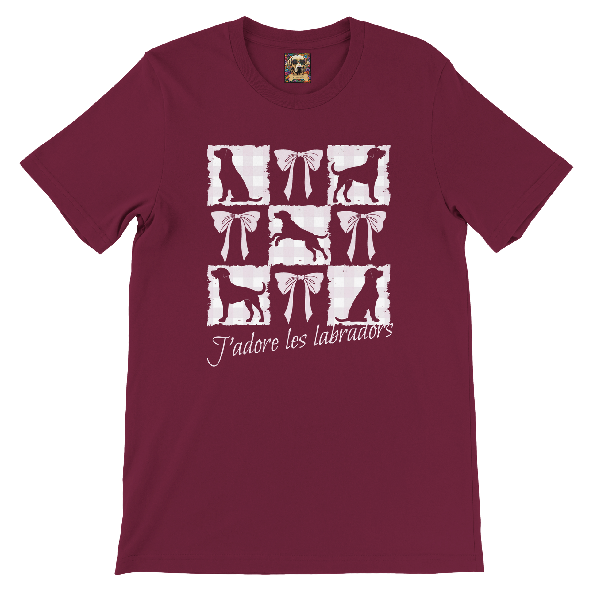 Vintage-Inspired Coquette Tee – Labradors, Bows & Cherry Cream Gingham Maroon