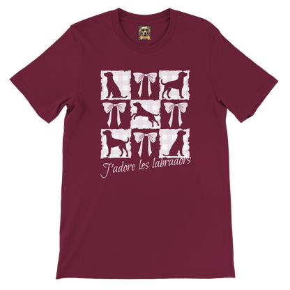 Vintage-Inspired Coquette Tee – Labradors, Bows & Cherry Cream Gingham Maroon