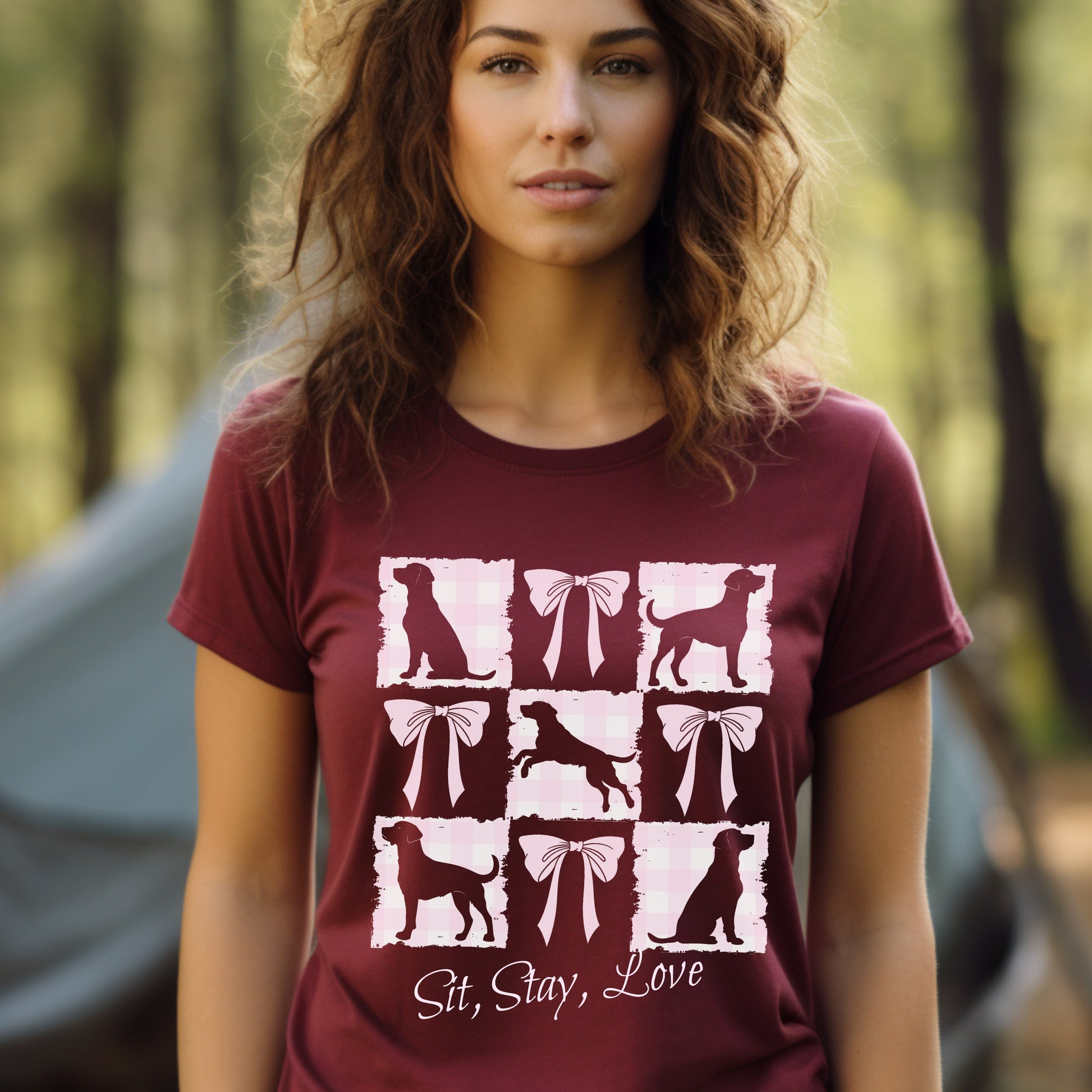 Vintage-Inspired Coquette Tee – Labradors, Bows & Cherry Cream Gingham context maroon