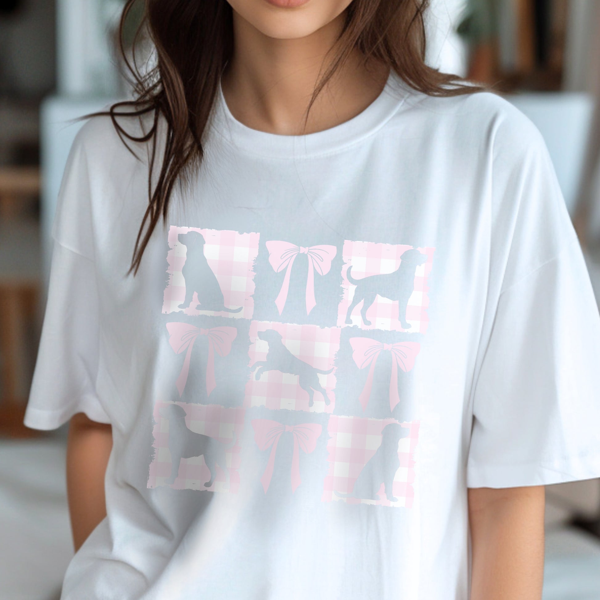 Vintage-Inspired Coquette Tee – Labradors, Bows & Cherry Cream Gingham context white no text