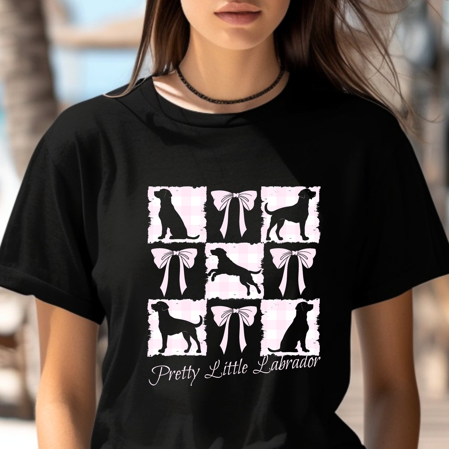 Vintage-Inspired Coquette Tee – Labradors, Bows & Cherry Cream Gingham context black
