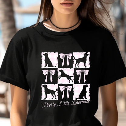 Vintage-Inspired Coquette Tee – Labradors, Bows & Cherry Cream Gingham context black