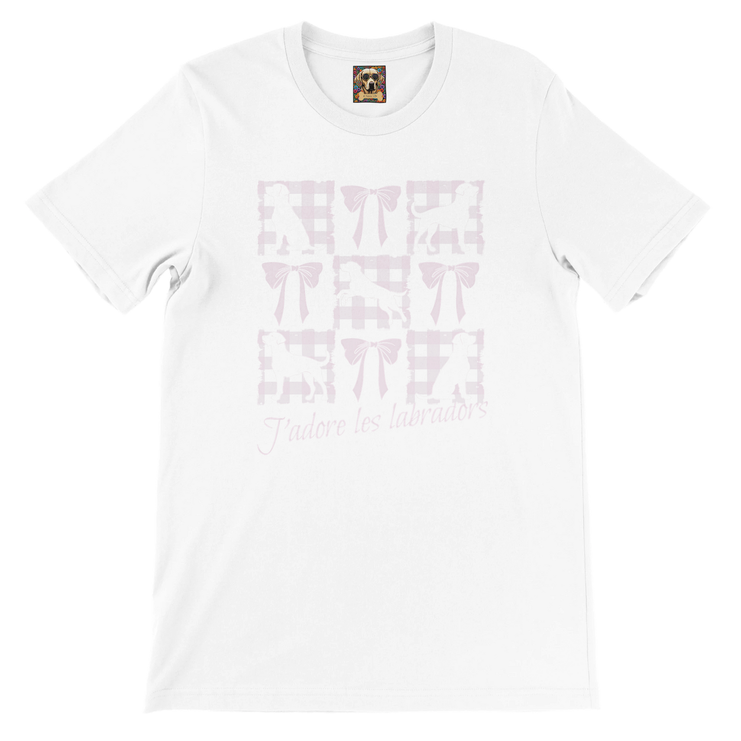 Vintage-Inspired Coquette Tee – Labradors, Bows & Cherry Cream Gingham white