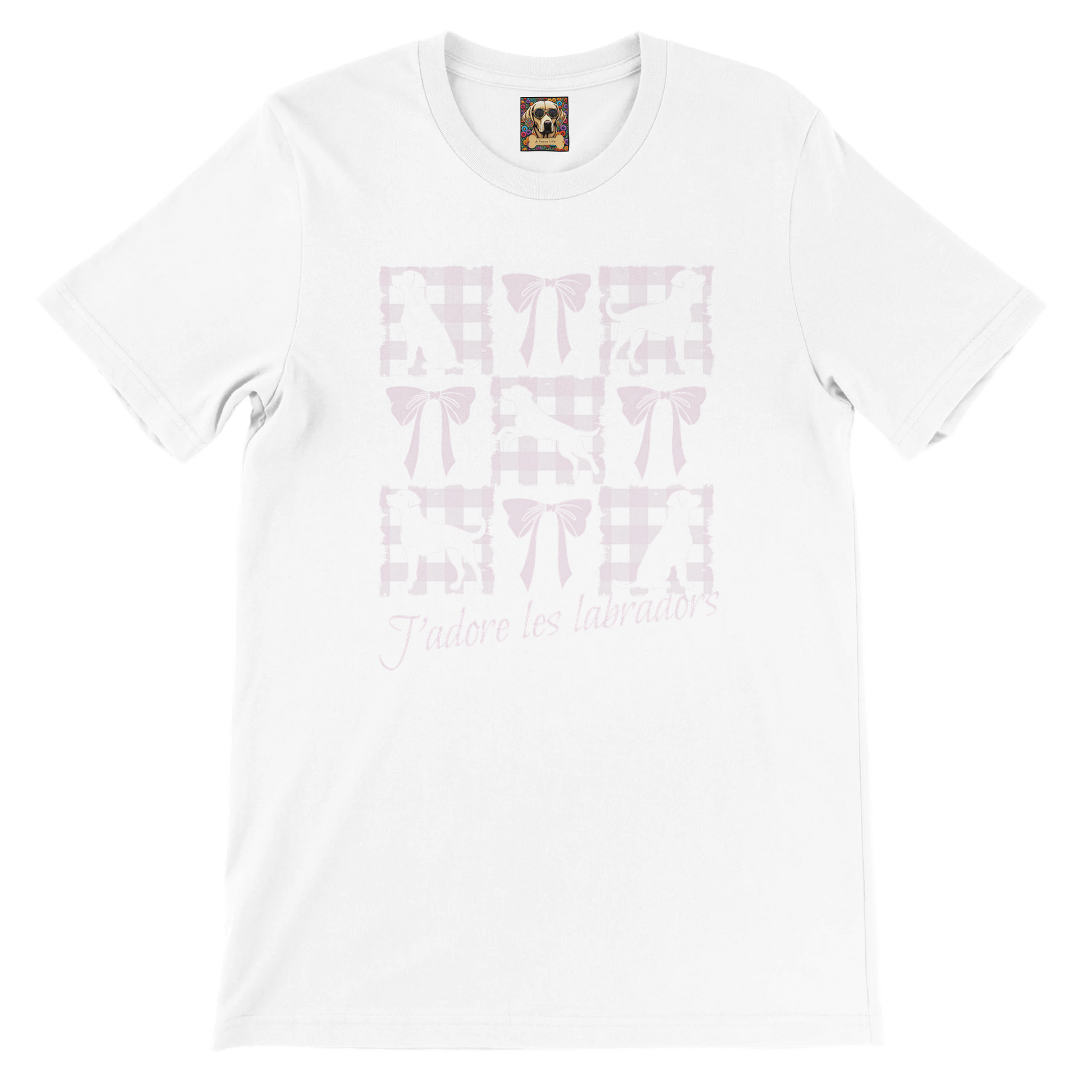 Vintage-Inspired Coquette Tee – Labradors, Bows & Cherry Cream Gingham white