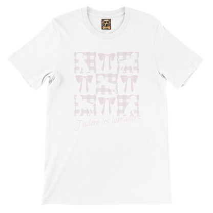 Vintage-Inspired Coquette Tee – Labradors, Bows & Cherry Cream Gingham white