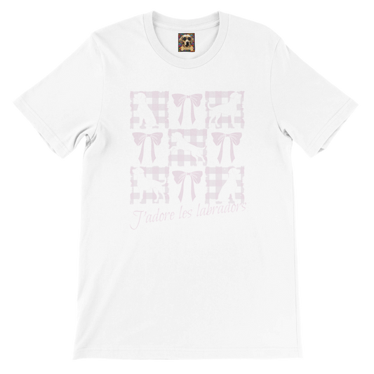 Vintage-Inspired Coquette Tee – Labradors, Bows & Cherry Cream Gingham white