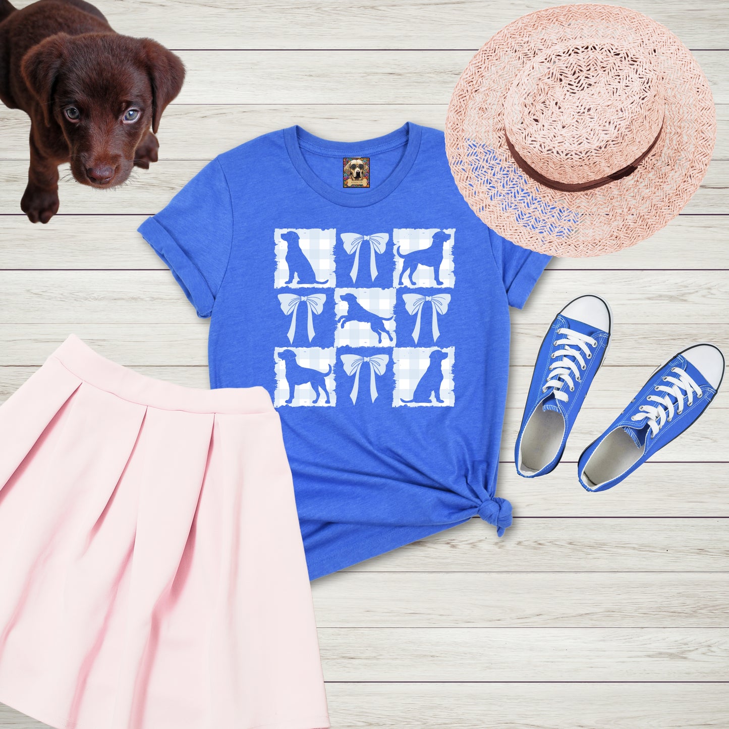 Vintage-Inspired Coquette Tee – Labradors, Bows & Powder Blue Gingham flat lay context heather true royal