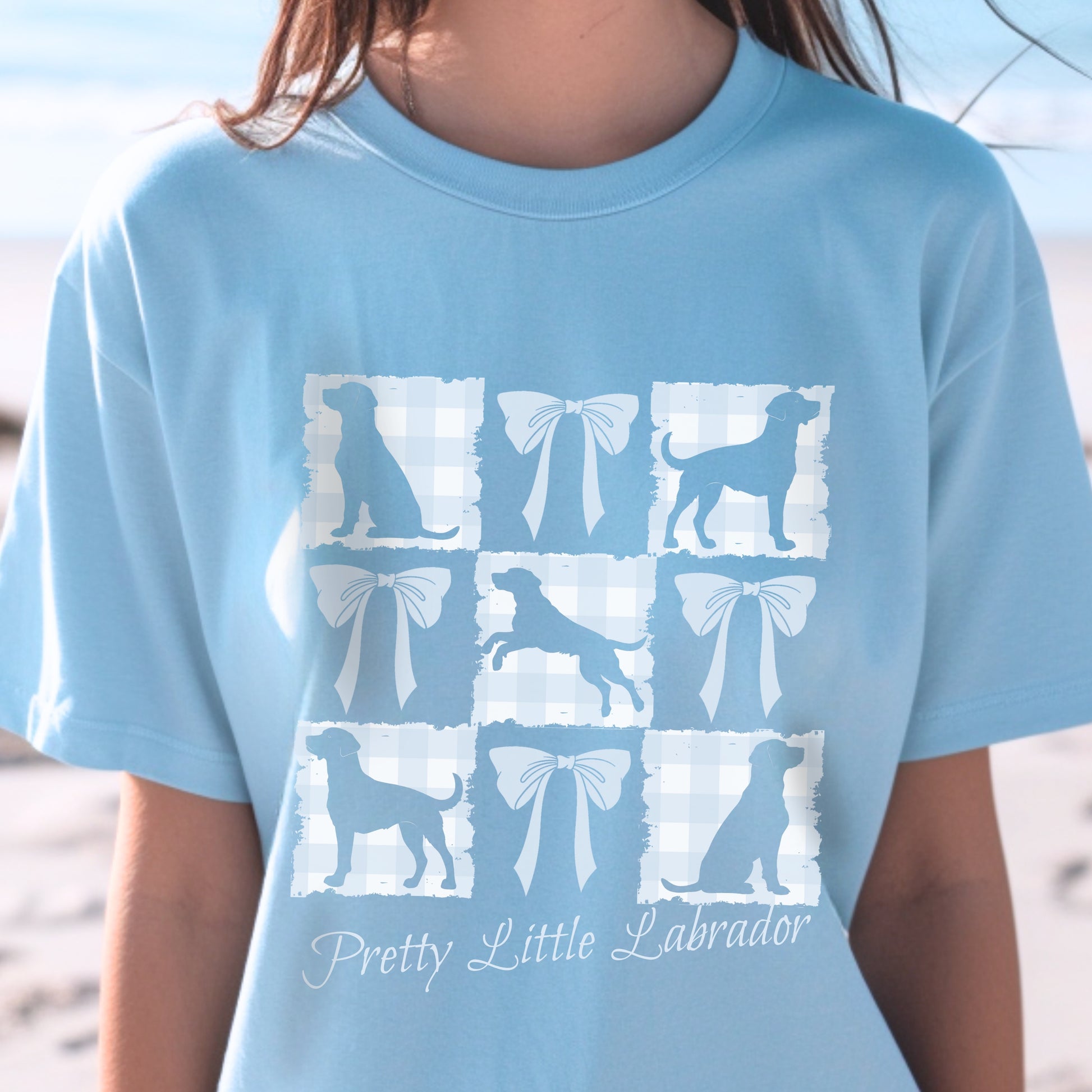 Vintage-Inspired Coquette Tee – Labradors, Bows & Powder Blue Gingham
