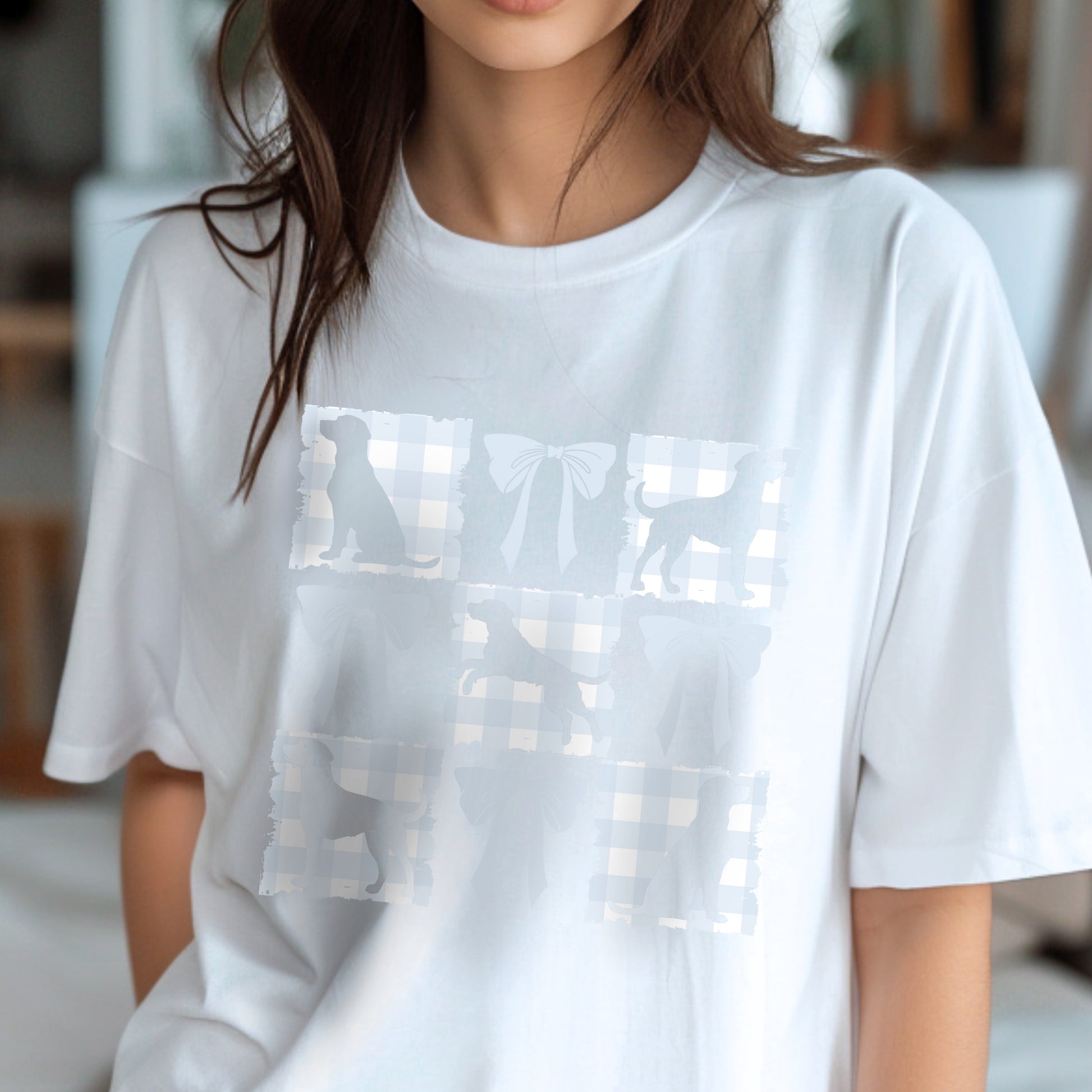 Vintage-Inspired Coquette Tee – Labradors, Bows & Powder Blue Gingham context white