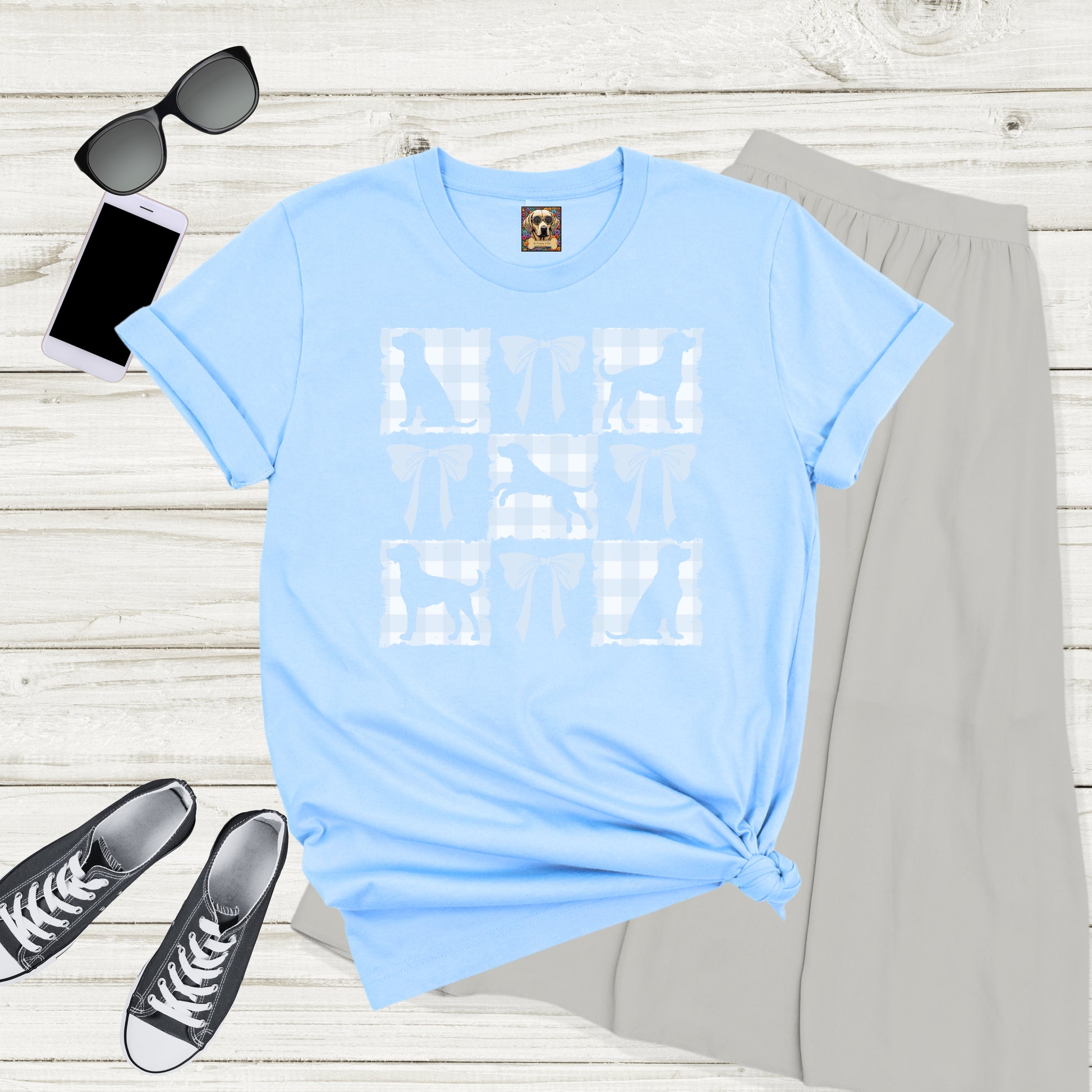Vintage-Inspired Coquette Tee – Labradors, Bows & Powder Blue Gingham flat lay context light blue