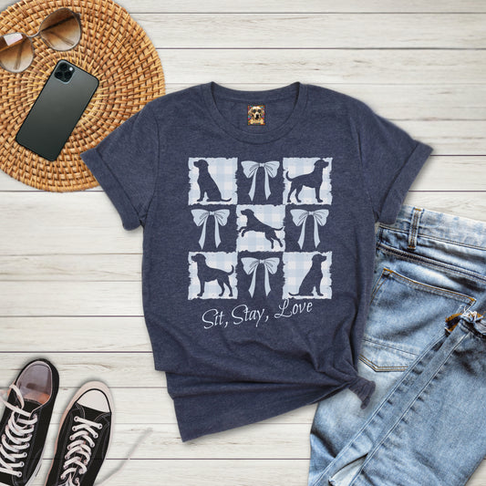 Vintage-Inspired Coquette Tee – Labradors, Bows & Powder Blue Gingham flat lay context heather navy