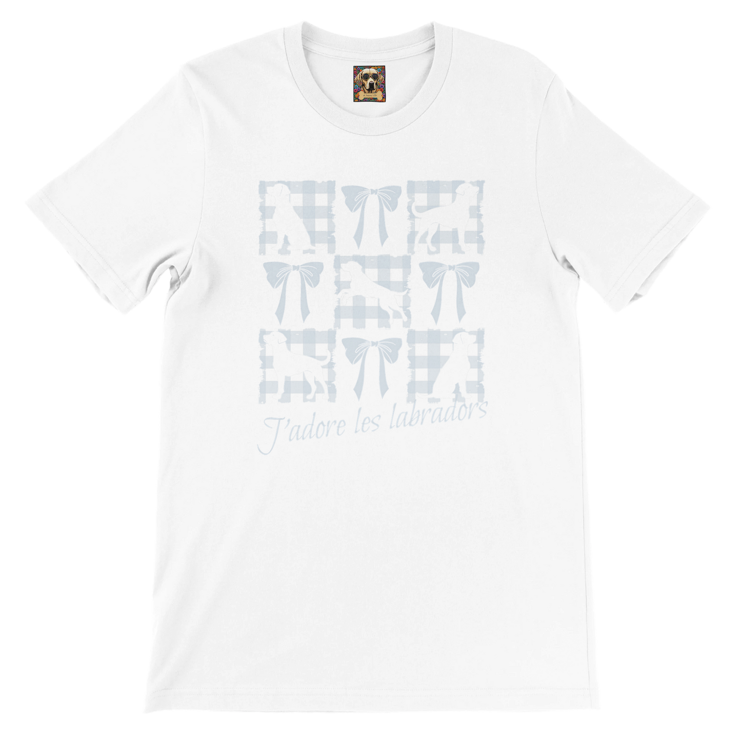 Vintage-Inspired Coquette Tee – Labradors, Bows & Powder Blue Gingham white