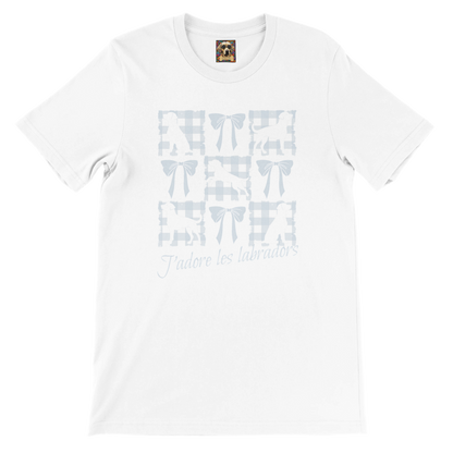 Vintage-Inspired Coquette Tee – Labradors, Bows & Powder Blue Gingham white