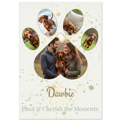 Personalized wall art poster with green and gold natural background featuring a paw design holding photos of a  family with a dachshund on a white background