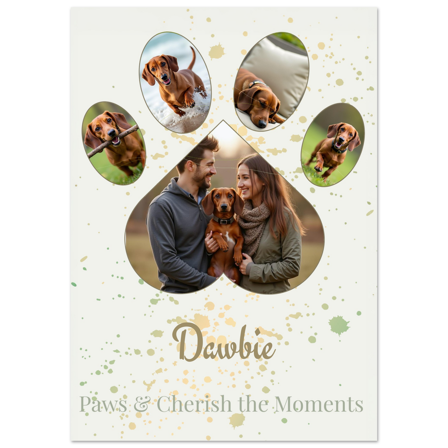 Personalized photo collage with paw design and family photos of a couple and their dog on a white background.