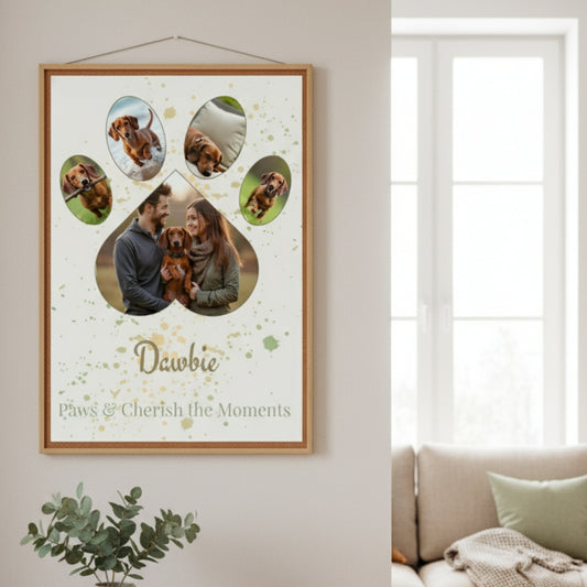 Framed artwork with a family and dog, titled 'Dawdie Paws & Cherish the Moments', on a wall in a living room.