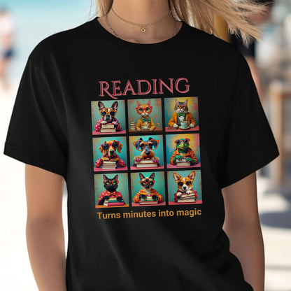 Whimsical Book Quote Reading Aesthetic Graphic T-Shirt – Vibrant Animal Design for Book Lovers context Black
