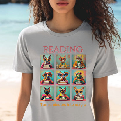 Whimsical Book Quote Reading Aesthetic Graphic T-Shirt – Vibrant Animal Design for Book Lovers context Ash Grey