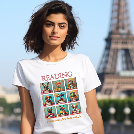 Whimsical Book Quote Reading Aesthetic Graphic T-Shirt – Vibrant Animal Design for Book Lovers context white