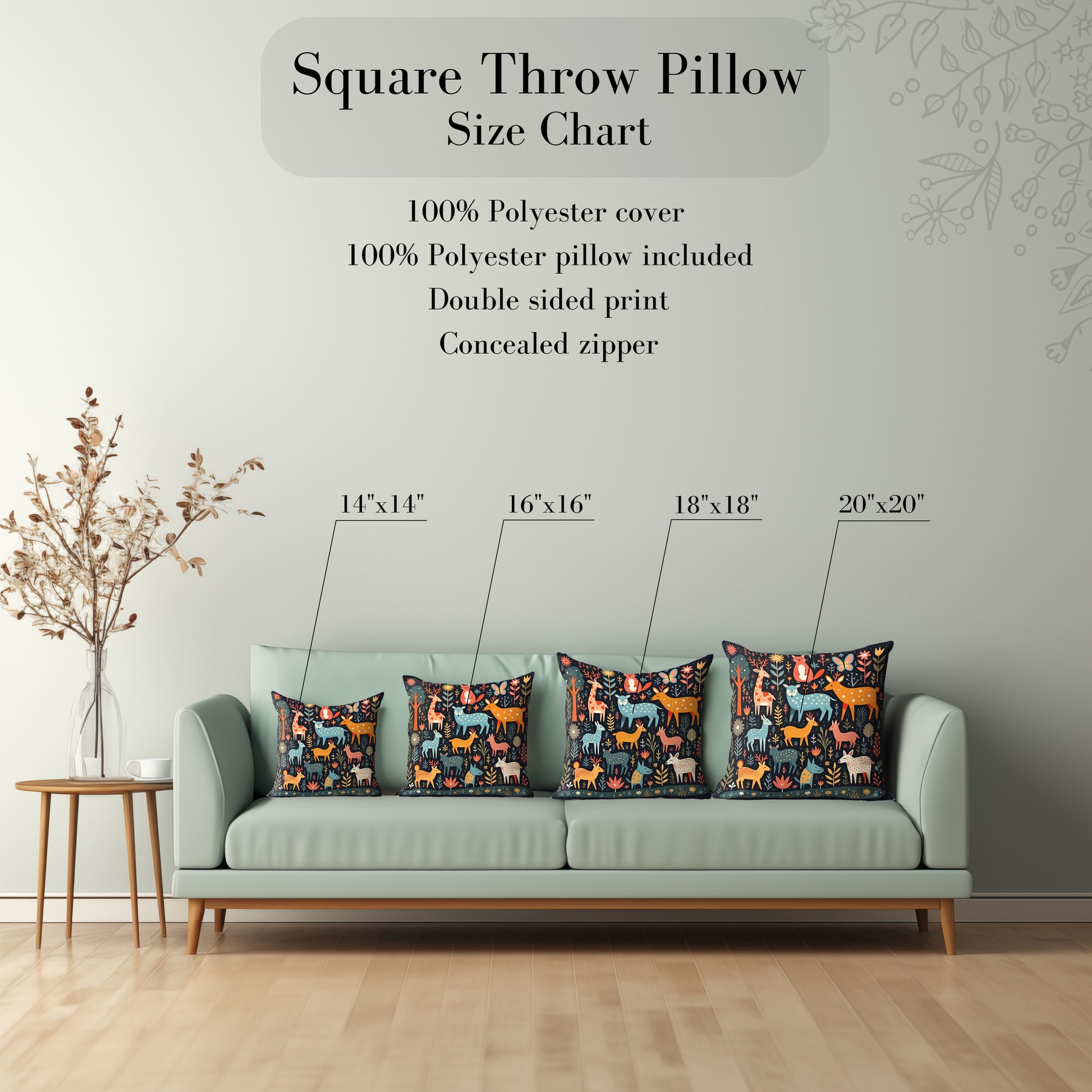 Woodland Folksy Pattern Pillow Size chart