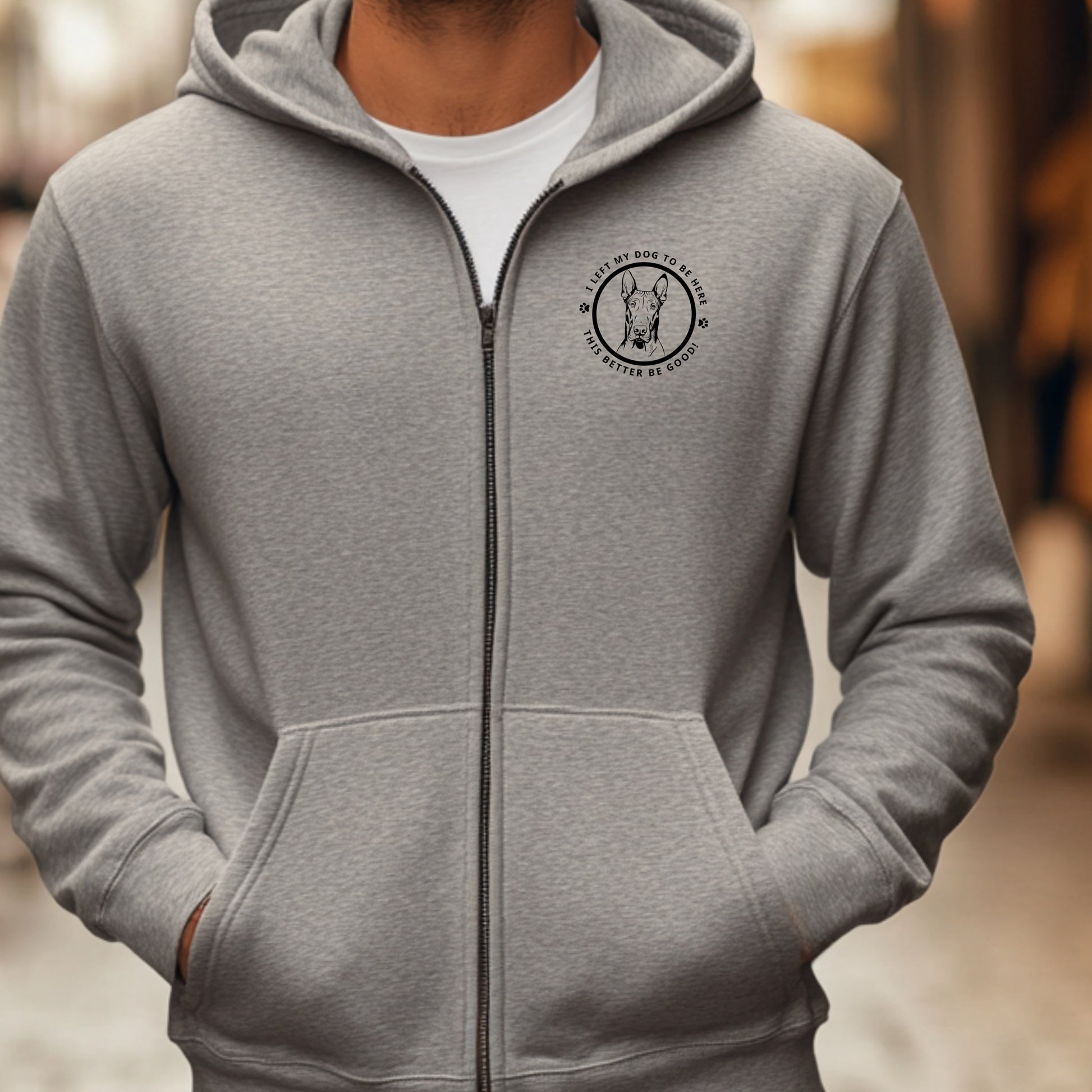 Zipper Front Hooded Sweatshirt I LEFT MY DOG TO BE HERE Circle Design with Dog Breed context sport grey