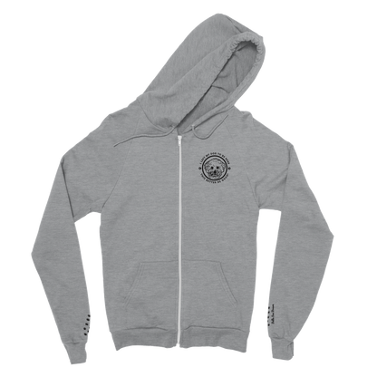 Zipper Front Hooded Sweatshirt I LEFT MY DOG TO BE HERE Circle Design with Dog Breed  sport grey