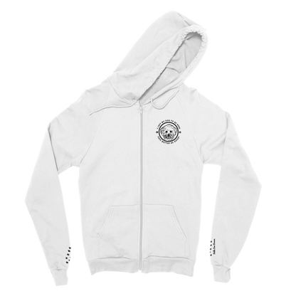 Zipper Front Hooded Sweatshirt I LEFT MY DOG TO BE HERE Circle Design with Dog Breed  white