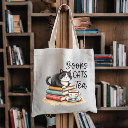 Books Cats Tea Cotton Tote Bag – Perfect Gift for Cat Lovers and Bookworms