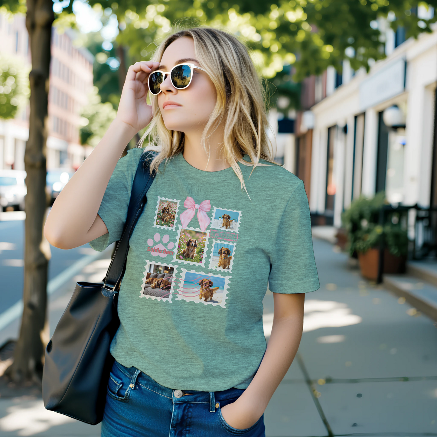 Woman wearing a heather mint green t-shirt with colorful graphic designs of her dogs as postage stamps and a pink coquette bow. She is standing in on the sidewalk of a tree lined street.