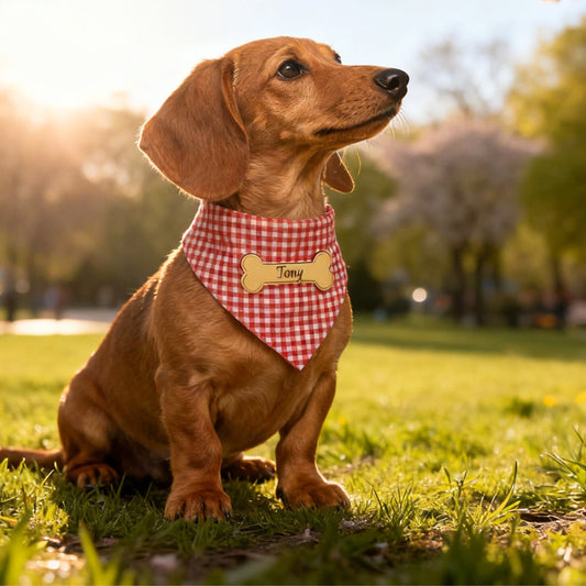 Dachshund wearing a custom red gingham checked pet bandana personalized with his name, Tony, proudly standing in a beautiful park on a bright spring morning.