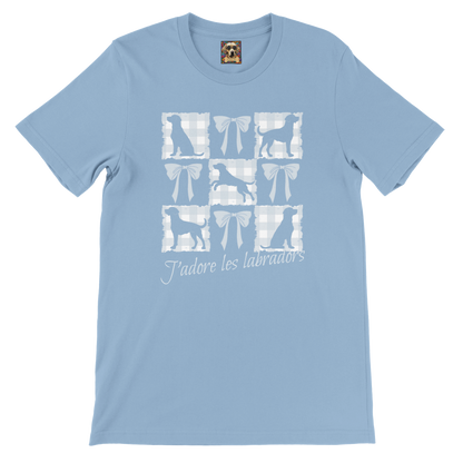 Vintage-Inspired Coquette Tee – Labradors, Bows & Powder Blue Gingham