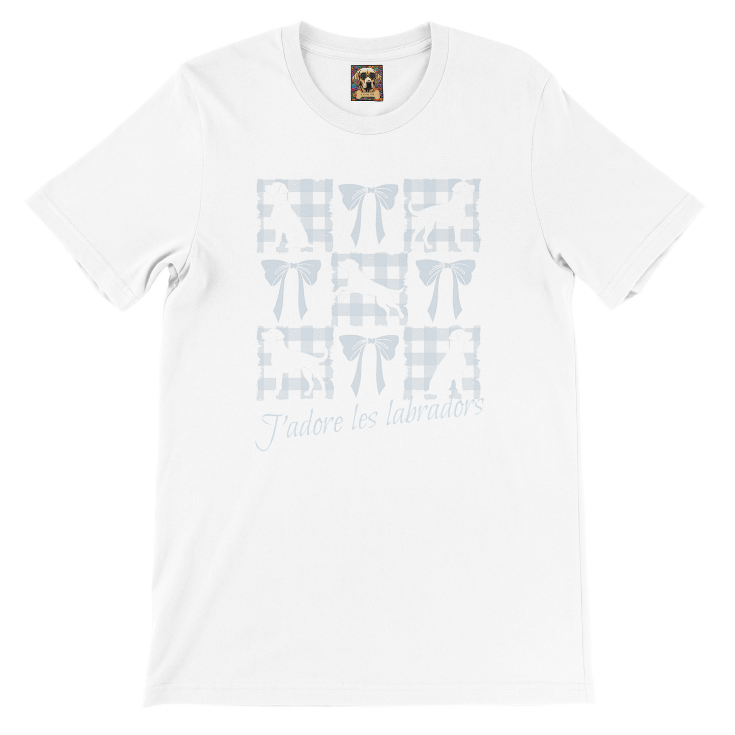 Vintage-Inspired Coquette Tee – Labradors, Bows & Powder Blue Gingham