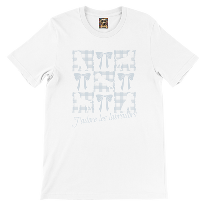 Vintage-Inspired Coquette Tee – Labradors, Bows & Powder Blue Gingham