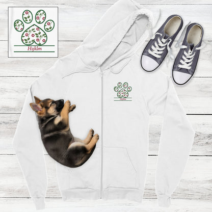 White zip hoodie with pink cottagecore flowers embroidered in a paw print with space for custom pet's name - flat lay with German Shepard puppy and sneakers