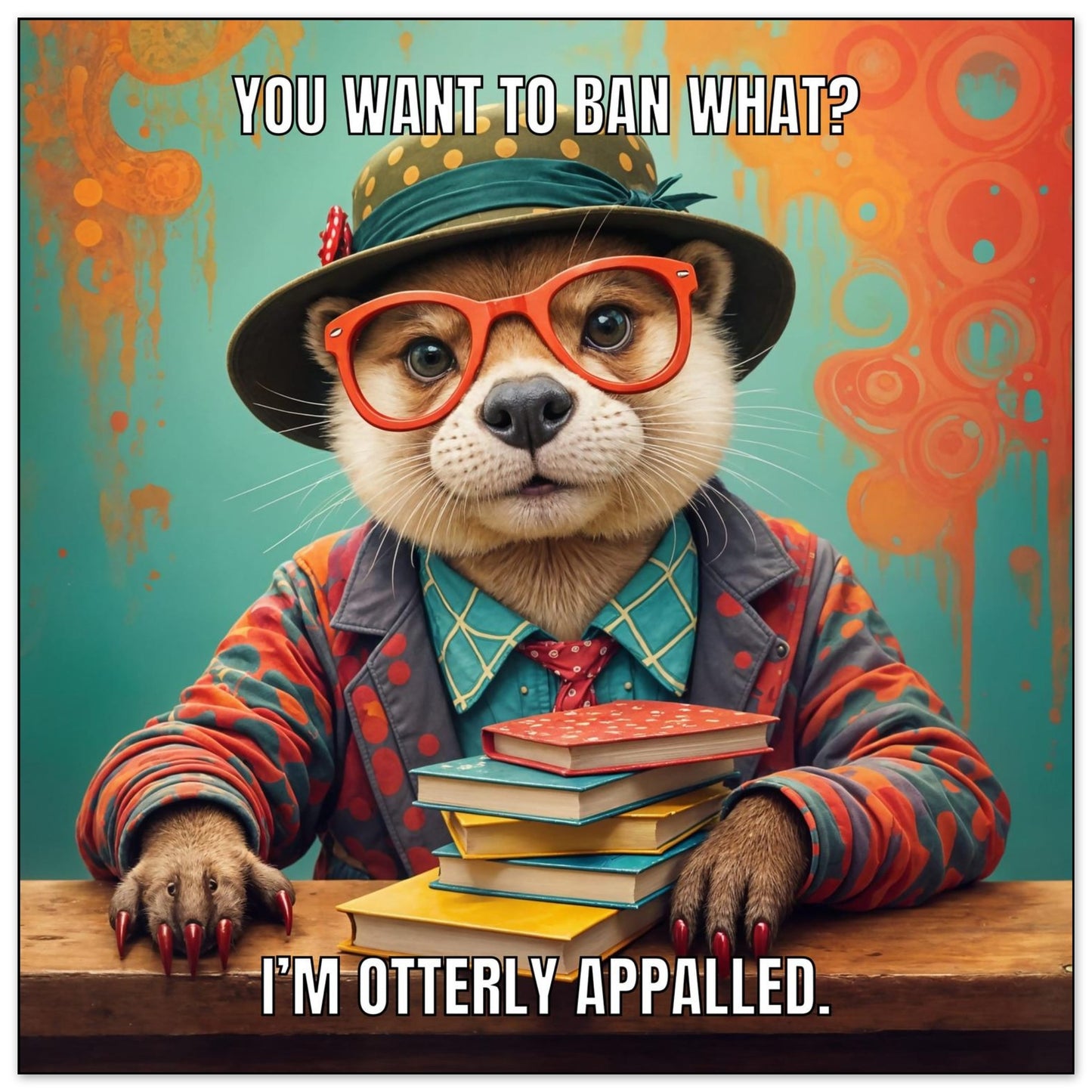 Illustrated retro otter wearing glasses and a hat, surrounded by books with a colorful background as a semi glossy poster 24.5 cm square