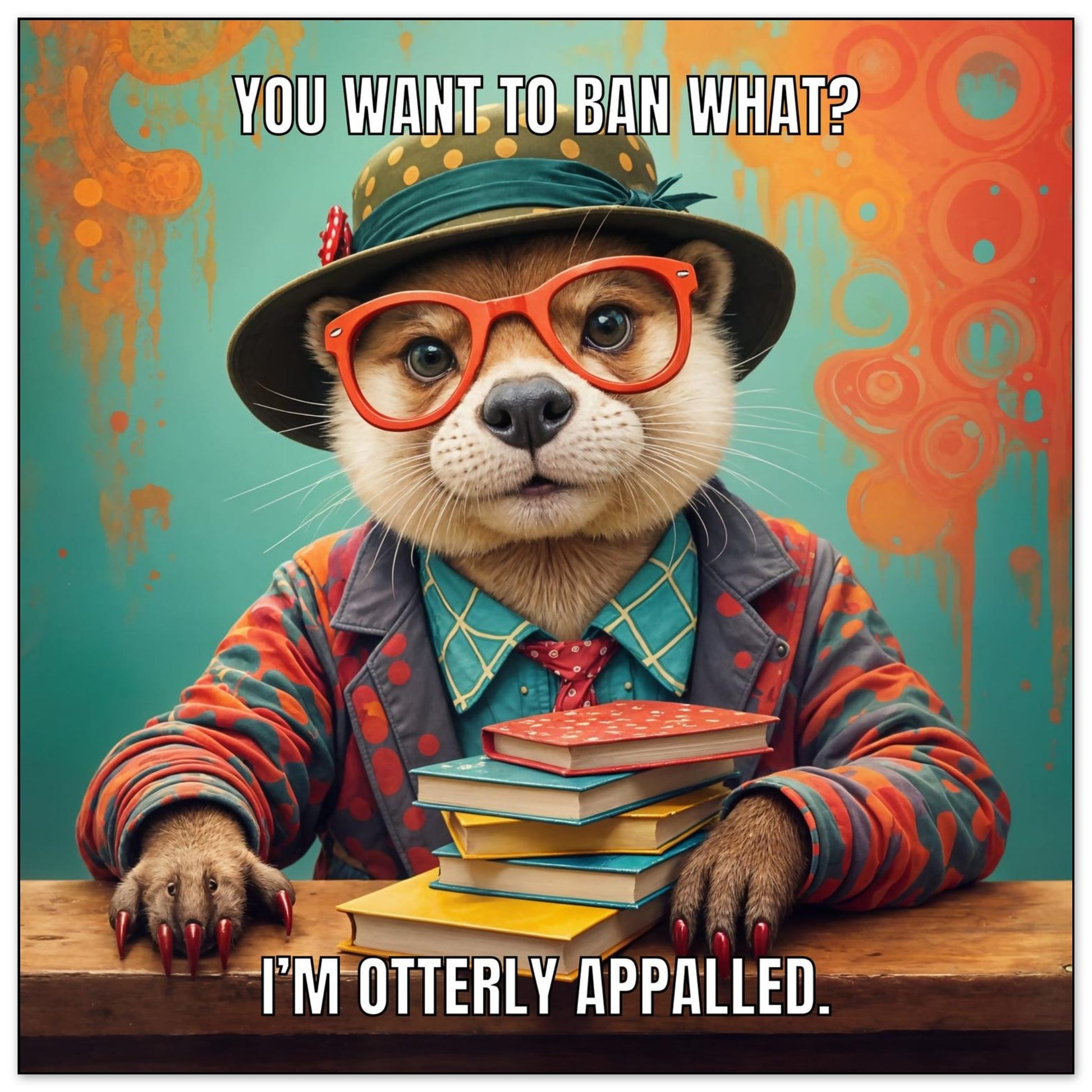Illustrated retro otter wearing glasses and a hat, surrounded by books with a colorful background as a semi glossy poster 24.5 cm square