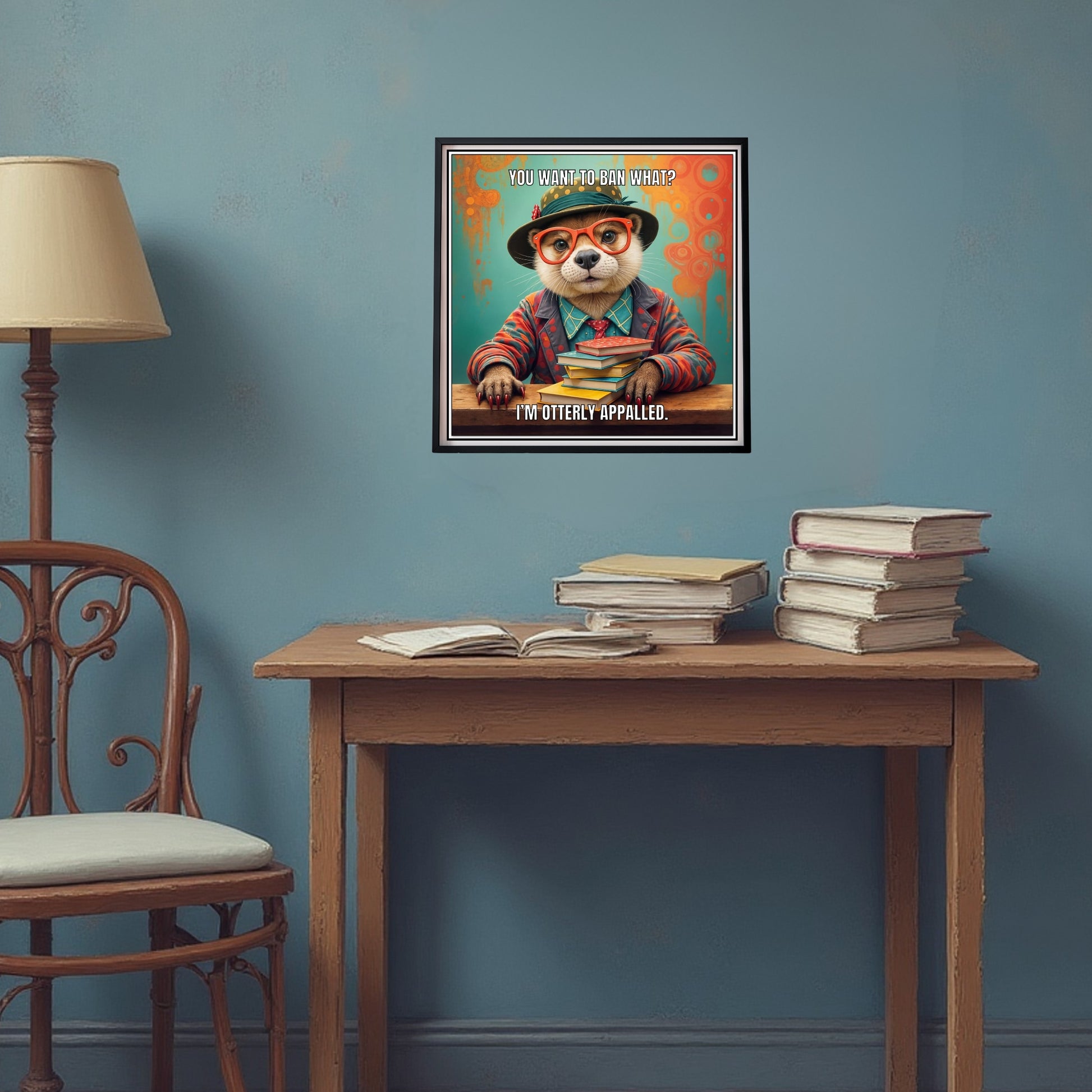 Framed poster of"Otterly Appalled" vintage book-lover otter poster on a wall above a wooden table with books.