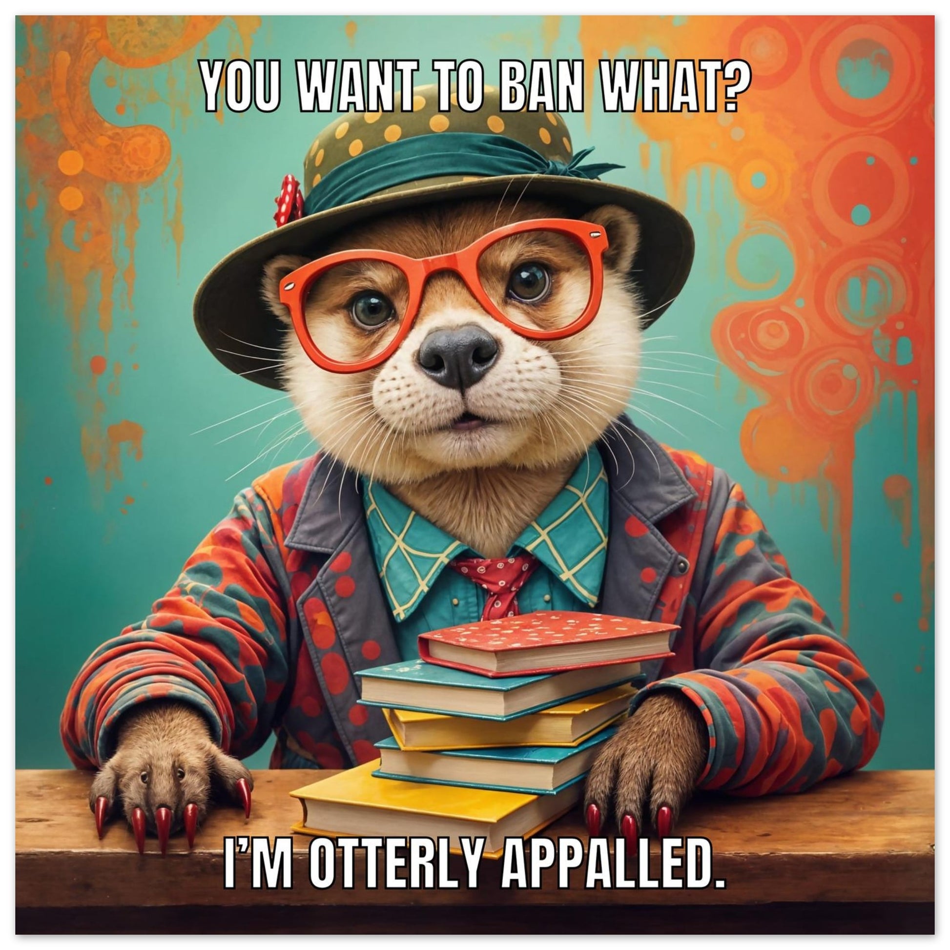 Semi-gloss flatlay view of the "Otterly Appalled" punning librarian art poster in a 45cm square size, featuring a vintage-style otter with a book stack.