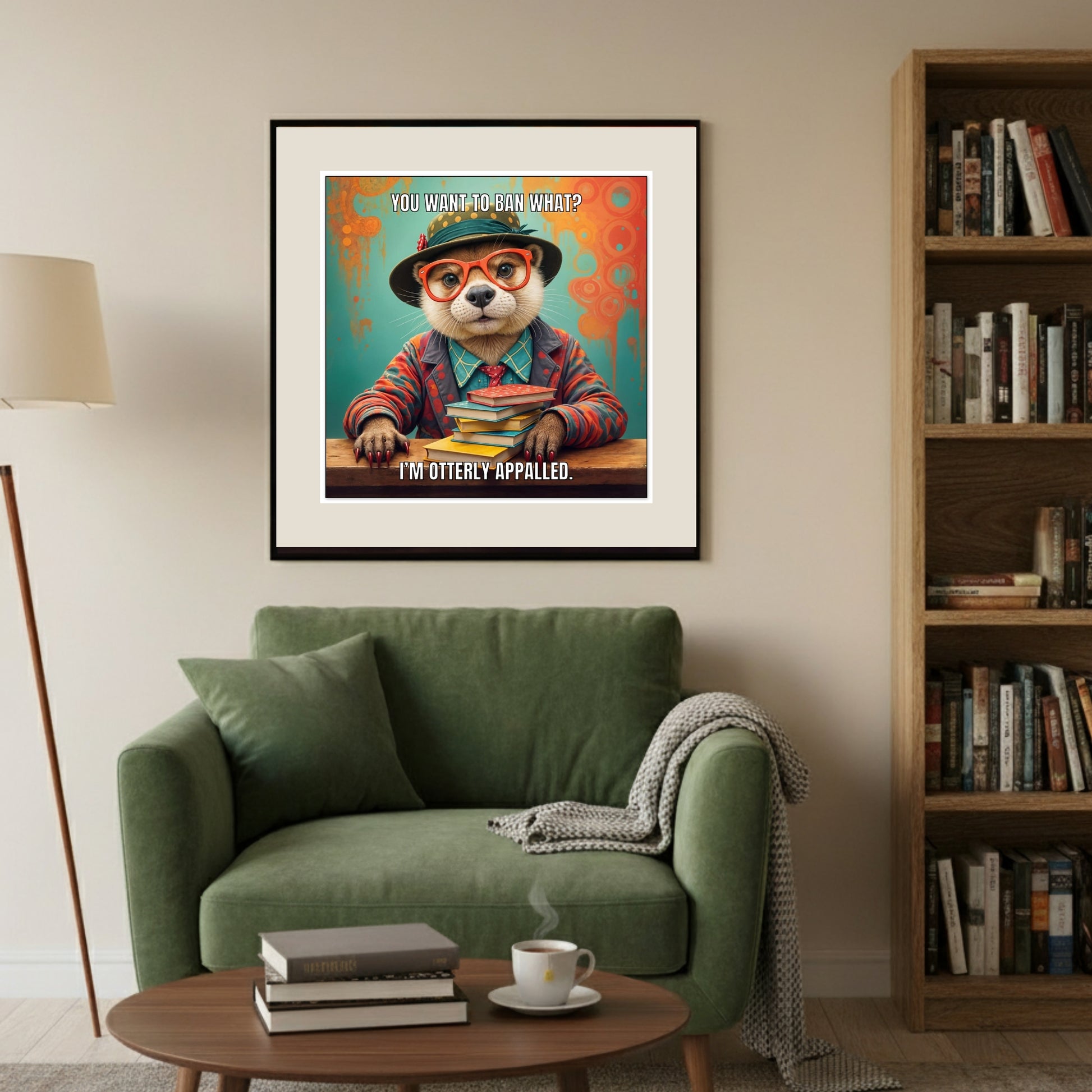 Living room with a green sofa, coffee table, and bookshelf, featuring a framed poster of "Otterly Appalled" vintage book-lover otter poster.